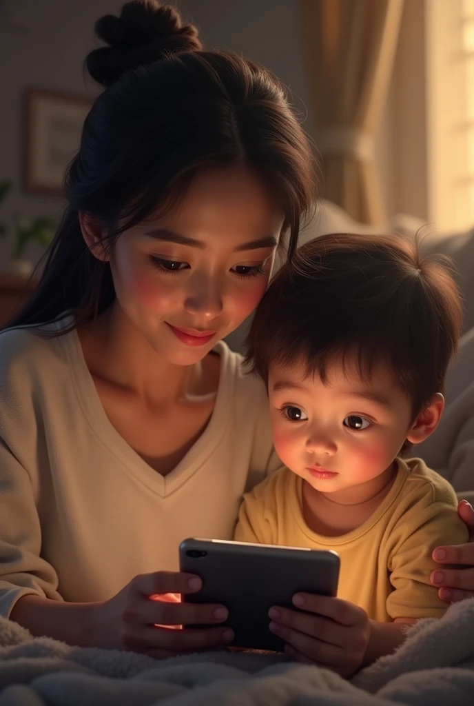 Mother giving food to 2 year old child and child watching cartoon on mobile.grandhather keep monile phone on hand and child baby girl watching in room
