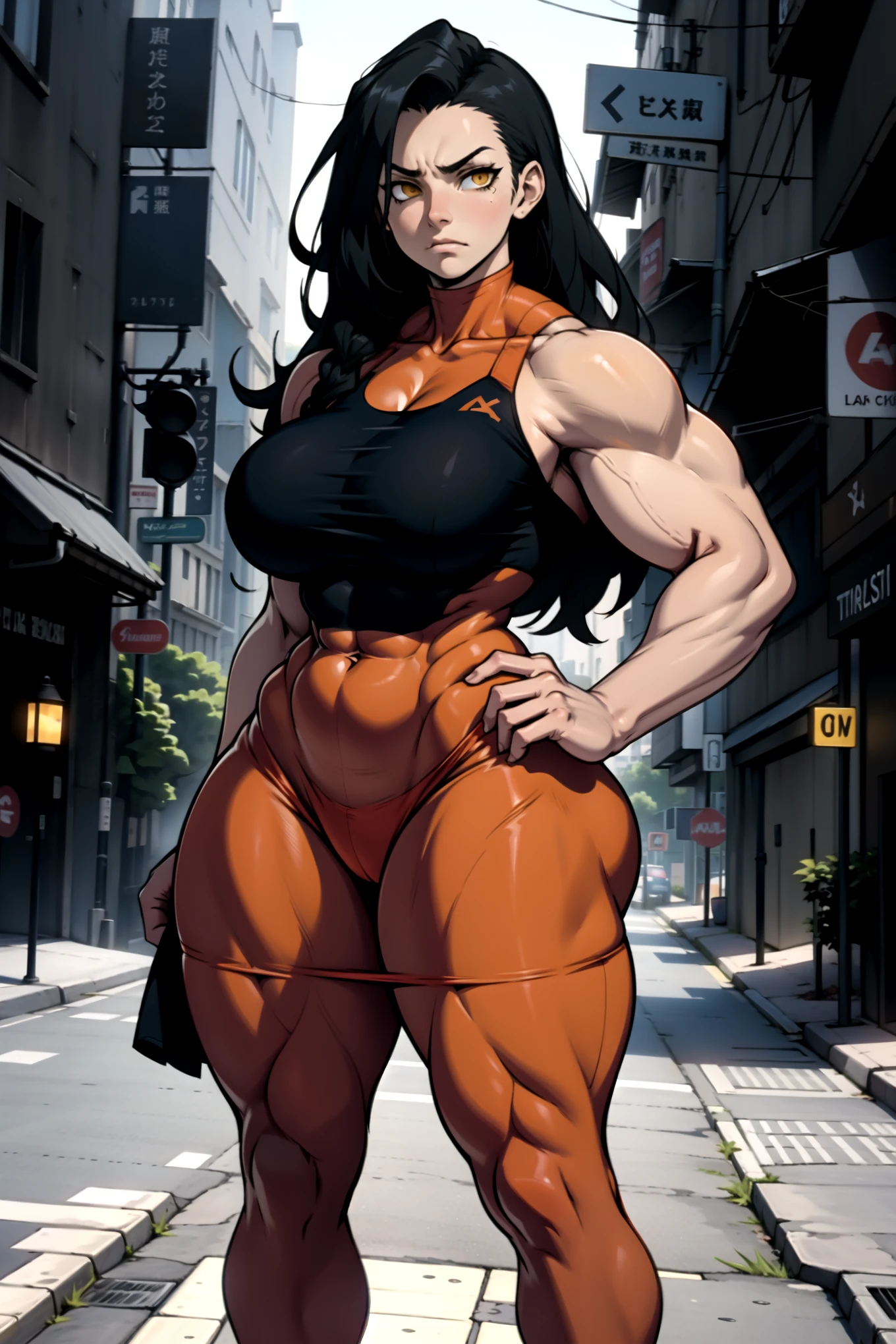1girl solo black hair yellow eyes very long hair pale skin muscular muscular muscular muscular toned body huge muscles thick thighs girl tight clothes angry blushing messy hair tight shirt long sleeves thick thick thick thick