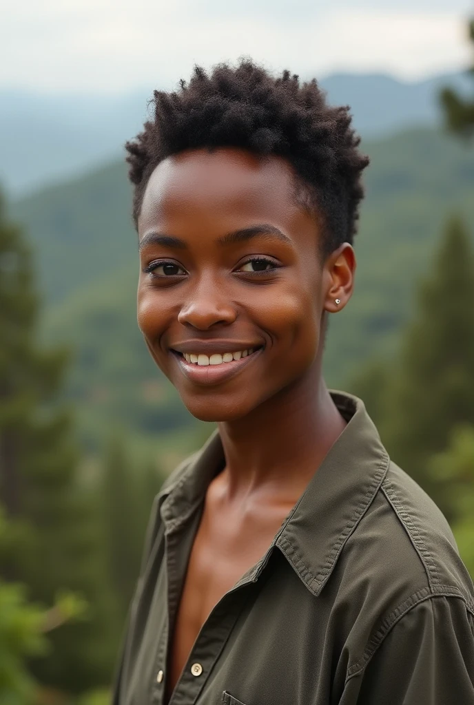 ((best quality)), ((masterpiece)), (detailed), wide angle, narrow sharpness on faces, depth of field, blurry background, young african girl, hiking, short rasta hair cut, minishort, loose black tank top, boots, smiling, mountain, beautiful lighting, sunny, mountain trail, partly cloudy