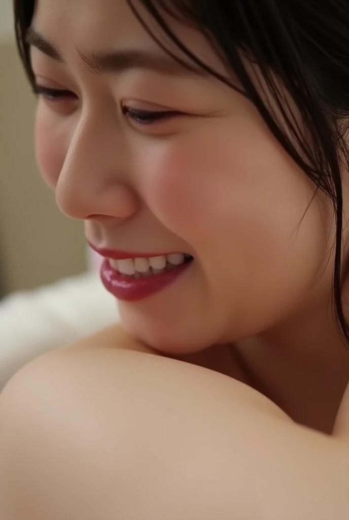 woman sucking penis hardly on bed,hyperrealistic anime,mature woman,blowjob,shaking effect,black hair,saliva,white sweater, long flare-skirt,pov blowjob, on bed,look at viewer,(smiling eyes),wet eyes