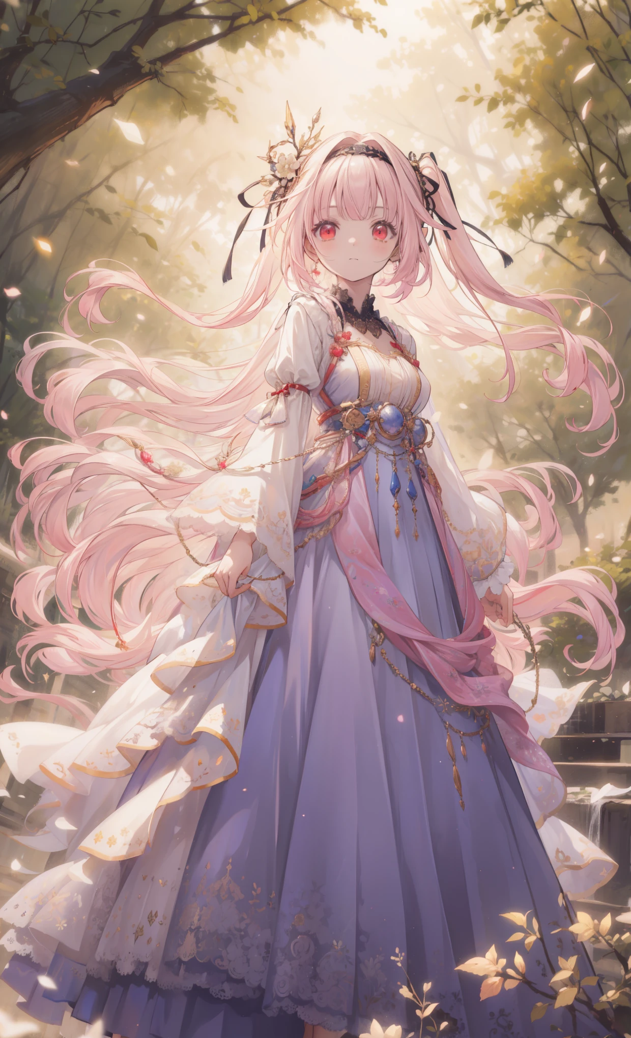 ( masterpiece、Top Quality、illustration、 very high quality 、HD、 Extremely sensitive writing ) Ahog,Very Long Hair,pink hair,two side up,gradient hair color,colorful hair,flowing hair,Hairband, black ribbon,Hair accessories,two side up,Pointed ears, bangs, red eyes 、 beautiful national costume style dress , She wears a shawl 、Hair must flutter in the wind,Light and Shadow Effects,Golden effect ,