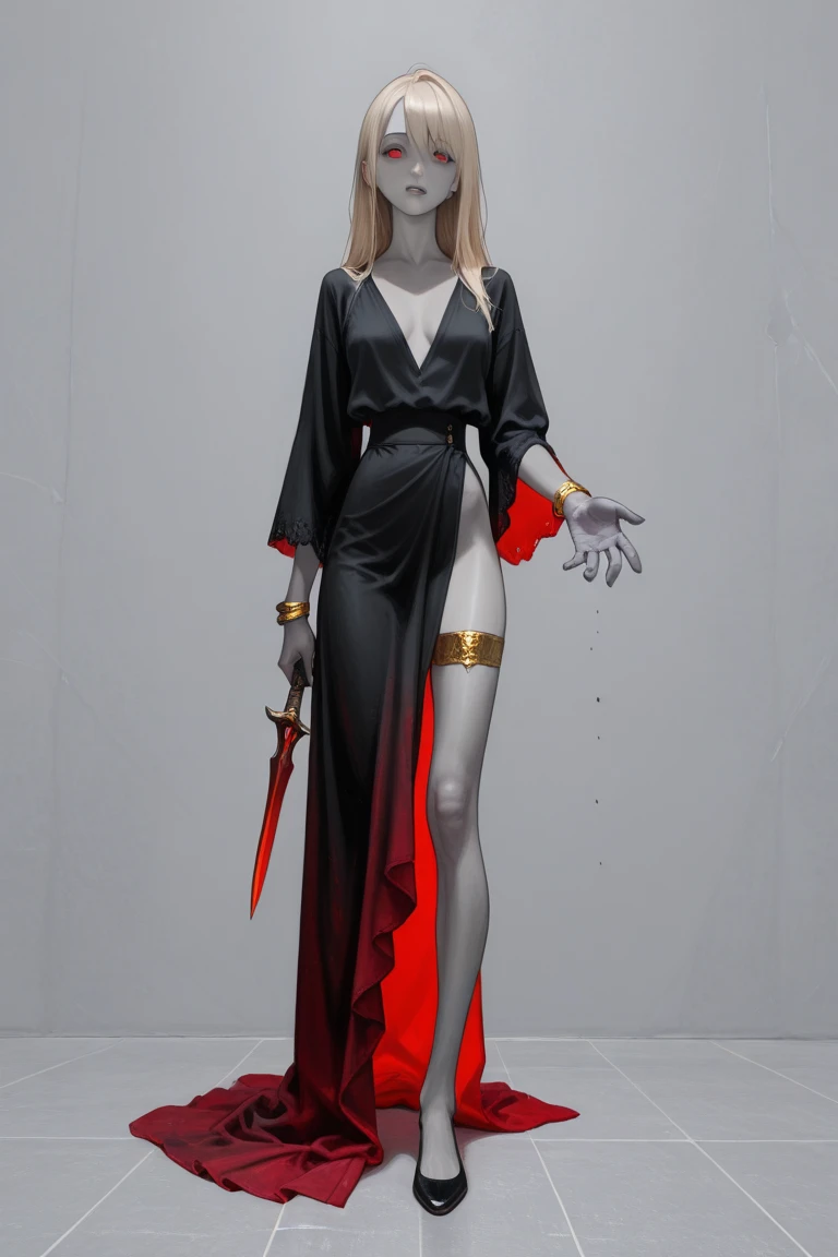 a picture of vampire nurse in a dark hospital, goth hospital, exquisite beautiful nurse, ((full body shot: 1.5)), ((anatomically correct: 1.5)), (ultra detailed face: 1.2), pale skin, dynamic hair style, dynamic hair color, wearing white silk nurse, small cleavage, robes, white skirt,(holding blood transfusion bag: 1.3), BloodSoakedAI, goth hospital background, dark fantasy art, goth art, Hyperrealism style, vibrant, Ultra-high resolution, High Contrast, (masterpiece:1.5), highest quality, Best aesthetics), best details, best quality, highres, ultra wide angle, 16k, [ultra detailed], masterpiece, best quality, (extremely detailed) RAW, BloodSoakedAI, vampire teeth