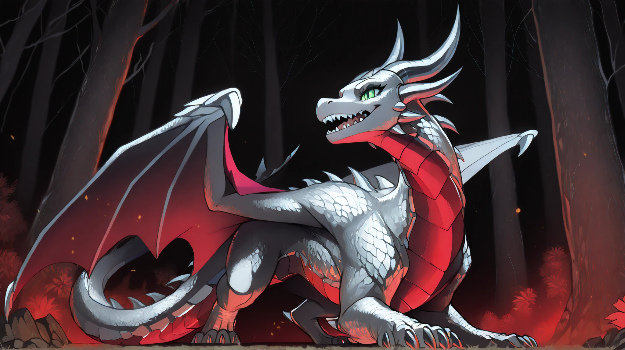 anime style, anime shading, clean lines, masterpiece, best quality, full body picture, centered, enderdragon, feral, dragon, female dragon, 1girl, long horns, wings, claws, tail, green eyes, perfect eyes, overlapping red chest scales, dark background, silver scales, silver horns, tall, sharp teeth, forest background