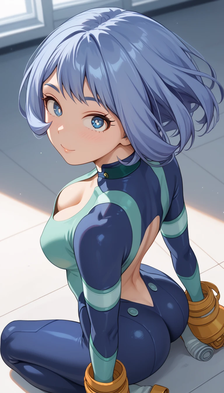 (Masterpiece), Best Quality, ultra-detailed, 1girl ( anosillus II, Slender and sexy body, Big and pretty breasts, naked body, dark green hair, brown eyes, half-closed eyes), a come-hither face, parted lips, solo, nose blush, blush, racing queen, white leotard, long gloves, white thighhighs, in the locker room, against the wall, standing, hips pov, hands up, hands on wall, Sexy waist teasing , spread legs, Looking Back , from_below