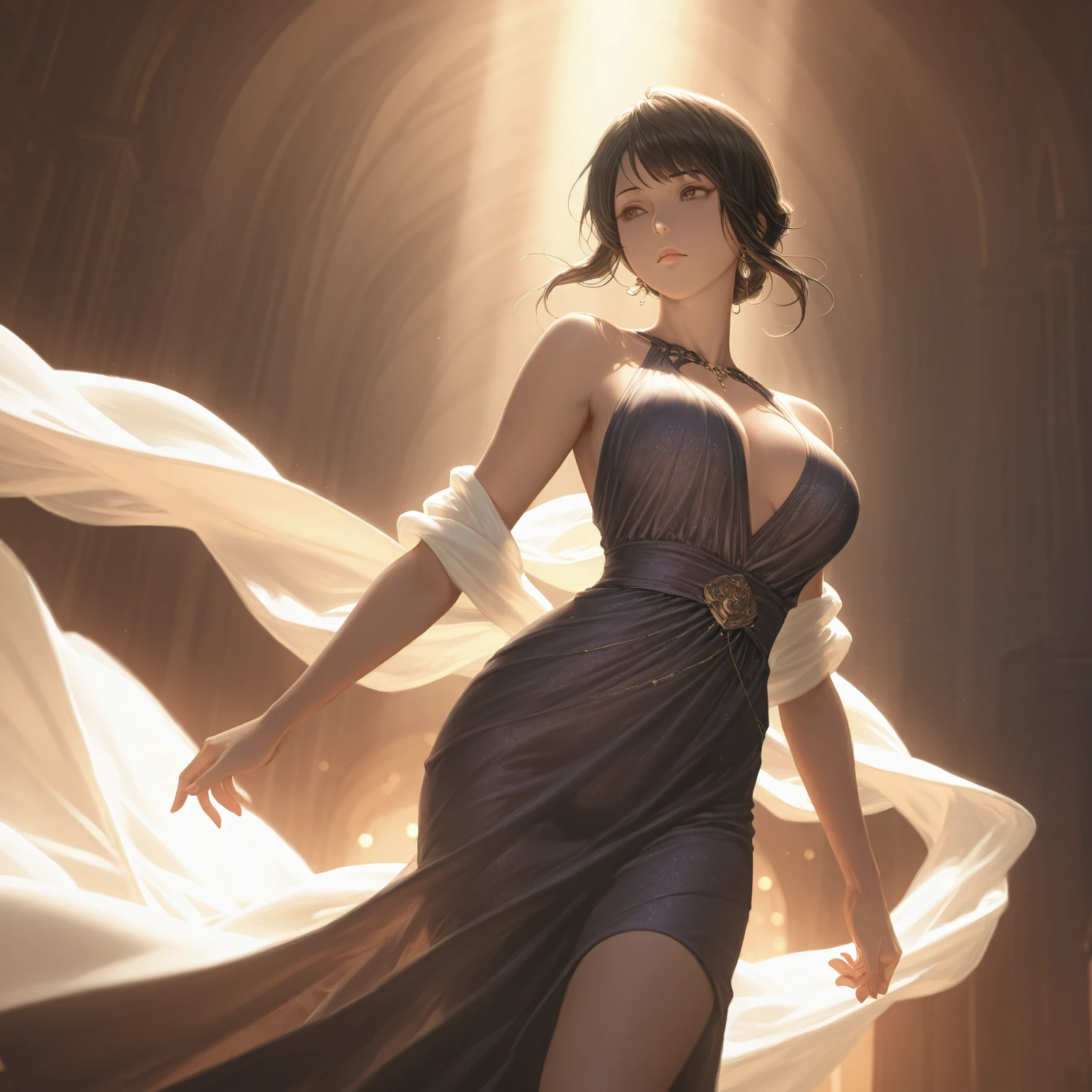 Statue of the Goddess、Neat、Pure white long dress、Sexy pose、Small breasts、Realistic、anime、リアルanimeスタイル、short hair、Black Hair、Cute woman、Beauty、model、Portrait、Steamy、steam、Japanese、nebula、moon、Spectacular atmosphere、animeキャラクター、ancient ruins