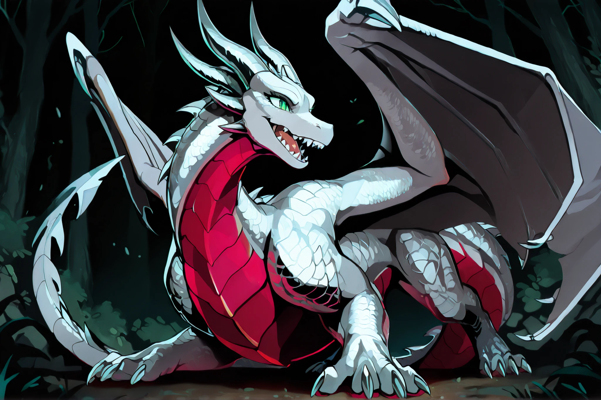 anime style, anime shading, clean lines, masterpiece, best quality, full body picture, centered, enderdragon, feral, dragon, female dragon, 1girl, long horns, wings, claws, tail, green eyes, perfect eyes, overlapping red chest scales, dark background, silver scales, silver horns, tall, sharp teeth, forest background