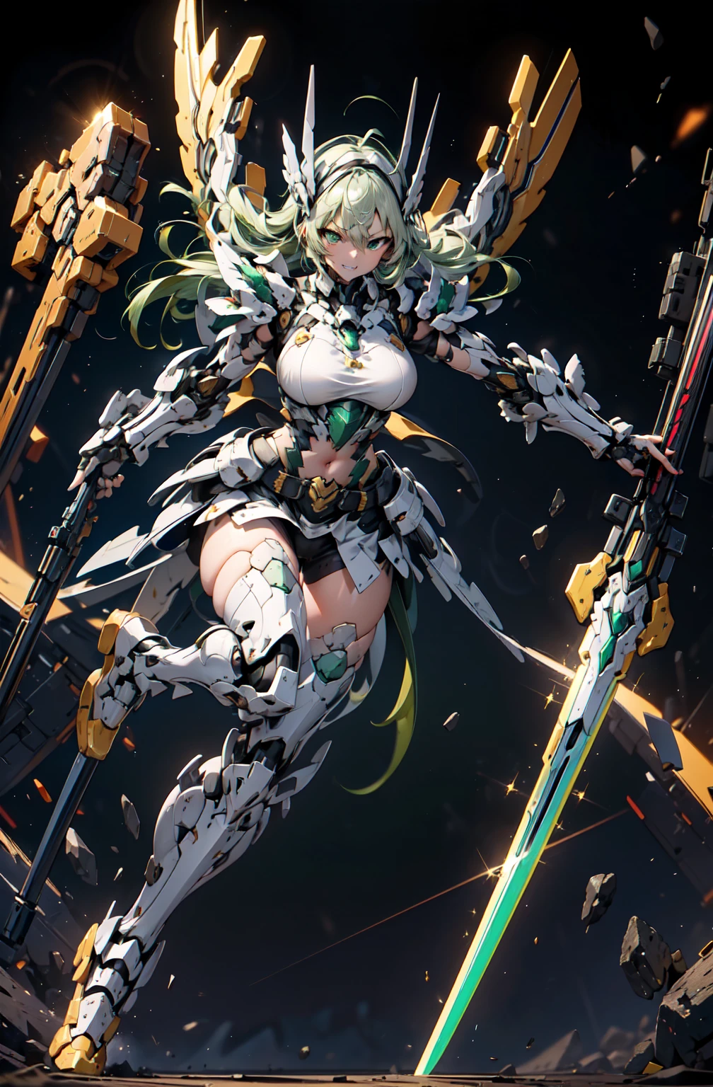 hyper quality、8K quality、High resolution、Image quality taken with a single-lens reflex camera、perfect anatomy、green eyes、triumphant smile、Mecha girl of justice、Beautiful girl with green hair、Mechanical parts with a three-dimensional feel、(Mechanical parts for rounded shoulders and hips:1.3)wing parts(Exposed cleavage and thighs:1.5)BREAK、(perfect anatomy:1.4)Flying Pose、Distortion of space near the booster、BREAK.(The center of a vast and colorful flower garden:1.4)(Many flowers blooming in front of me:1.5)