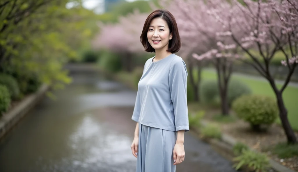 The beautiful and delicate face of a 45-year-old Japanese adult, Beautiful and delicate lips with lip gloss, Emotional expression, Large Breasts, Big buttocks, Wearing a light grey casual dress, external, Shallow depth of field, Standing outside and looking from the side, (best quality,8K,masterpiece:1.2),Extremely detailed,(Practical,photoPractical,photo-Practical:1.37),Intricate details,Stunning full-body portrait,Dramatic Lighting,Movie,elegant, morning, Full body shape, Body lines,
