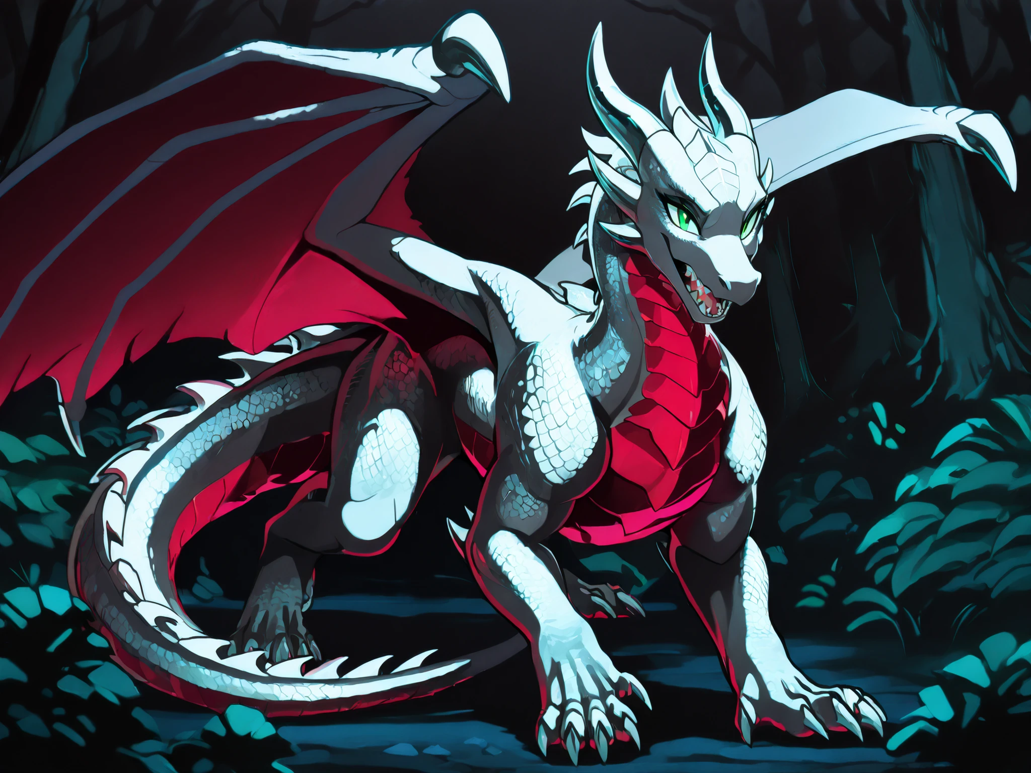 anime style, anime shading, clean lines, masterpiece, best quality, full body picture, centered, enderdragon, feral, dragon, female dragon, 1girl, long horns, wings, claws, tail, green eyes, perfect eyes, overlapping red chest scales, dark background, silver scales, silver horns, tall, sharp teeth, forest background