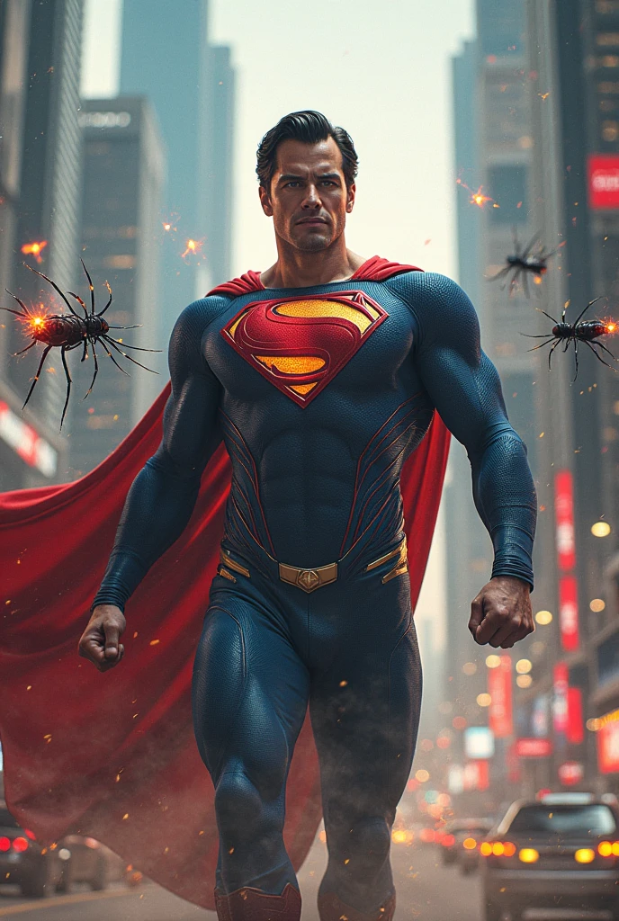 Make a picture of Superman running away in the night screaming after seeing a scary witch