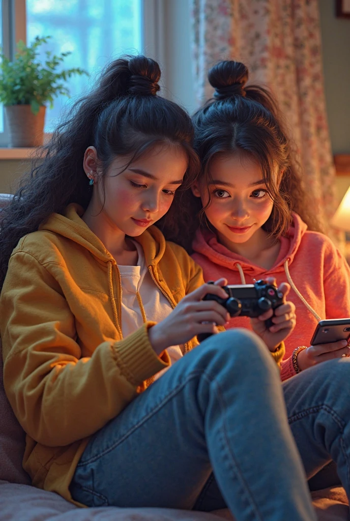 (SFW), in the nineties, two teens playing video game on iphone in a cramped, cluttered room. The walls are plastered with awards, perfect quality, clear focus, colorful, perfect face, intricate details, ultra-low viewing angle, wide-angle lens