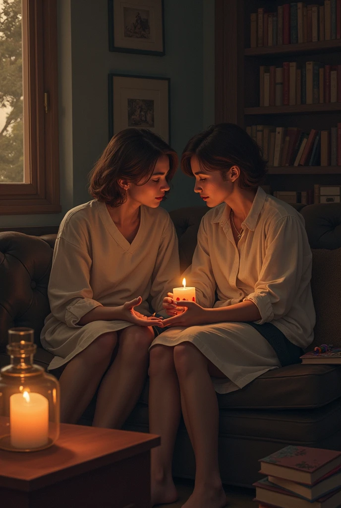 2 different girls cuddling with each other on a couch while having their clothes on at night. realistic candle light, candles, photorealistic 1.4, nice 1.4, at night, rembrand light
