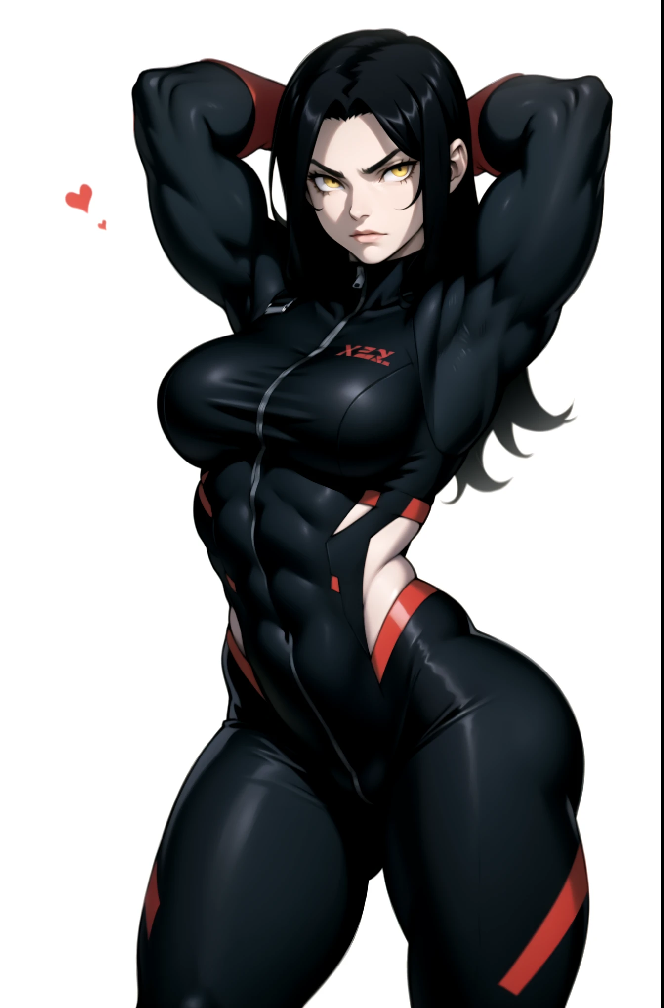 1girl muscular girl pale skin black hair yellow eyes black against wall frown thick toned body muscular thick muscular thick suit
