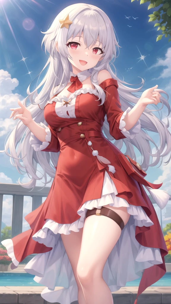 klara,1girl, white hair, long hair, red eyes, (Beautiful,Huge_Breasts:1.3),
BREAK
, 1girl, solo, Standing in the garden, full body, full figure,
BREAK
, Garden,
BREAK
, red coat, white shirt, long sleeves, dress, thigh strap,
BREAK
, official art, extremely detailed CG unity 8k wallpaper, perfect lighting, Colorful, (best_quality:1.0), ultra high res,4K, ultra-detailed, 8K, HDR, high resolution,  absurdres:1.2, film grain, blurry background, (vibrant_color:1.2), (beautiful_face:1.5), (narrow waist),