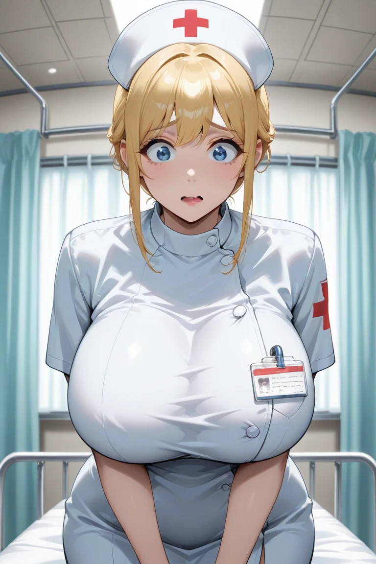 score_9, score_8_up, score_7_up, score_6_up, 1girl, nurse, busty, small waist, wide hips, nurse outfit, stockings, from front, sitting on a bed, straight legs, hospital, blonde hair, cleavage