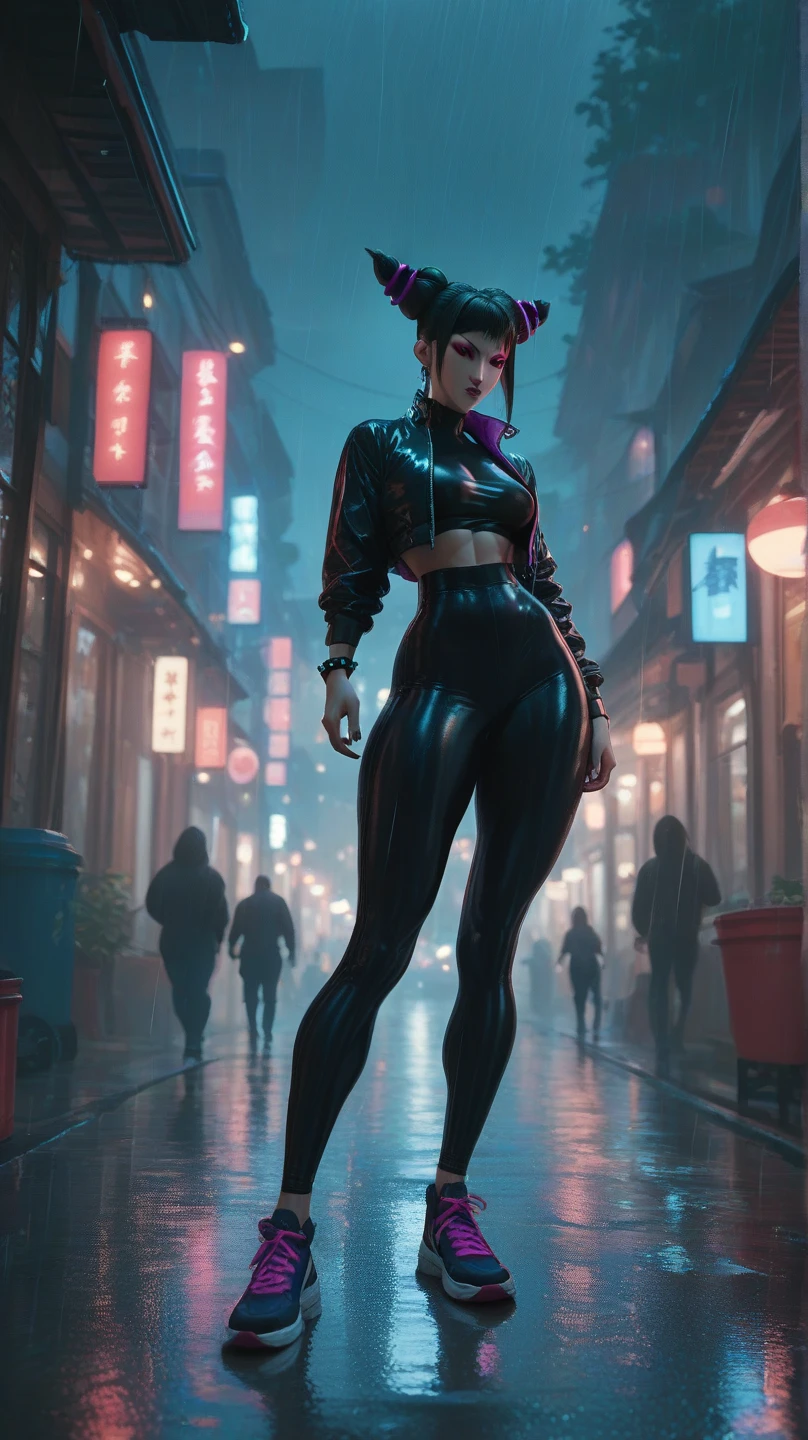 1girl, long hair, ponytail hairstyle, wearing a cyberpunk slutty clothes, leather pants, leather jacket, earrings, jewelry, large breasts, (curvy), professional makeup, choker, in the cyberpunk night city, (cyberpunk:1.3), colorful, dynamic angle, ((sci-fi)), city skylines