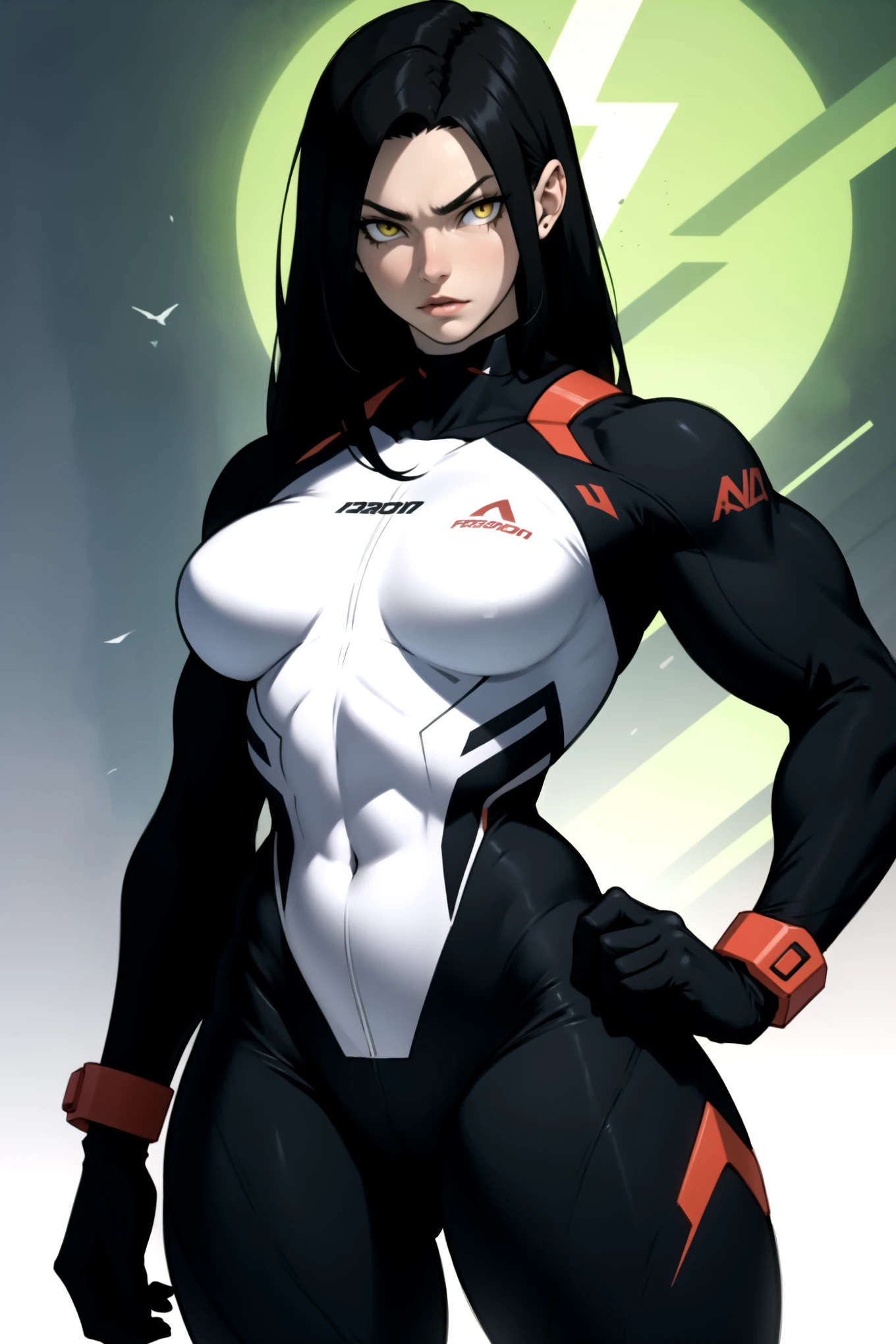 pale skin solo 1 girl black hair yellow eyes angry very long hair huge breasts bodybuilder skinsuit toned body muscular