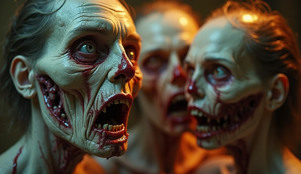 make several sinister zombies with exposed wounds on the body and face move towards a person to attack, focus from the waist up, in an apocalyptic scenario.