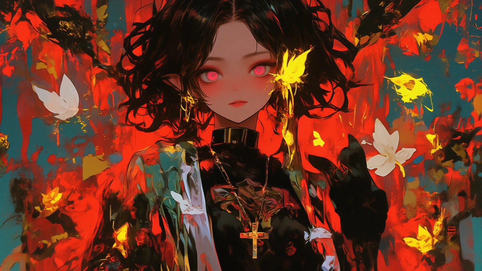masterpiece, best quality, ultra-detailed, illustration, close-up, straight on, 1girl, black hair, yellow eyes, red roses, chains