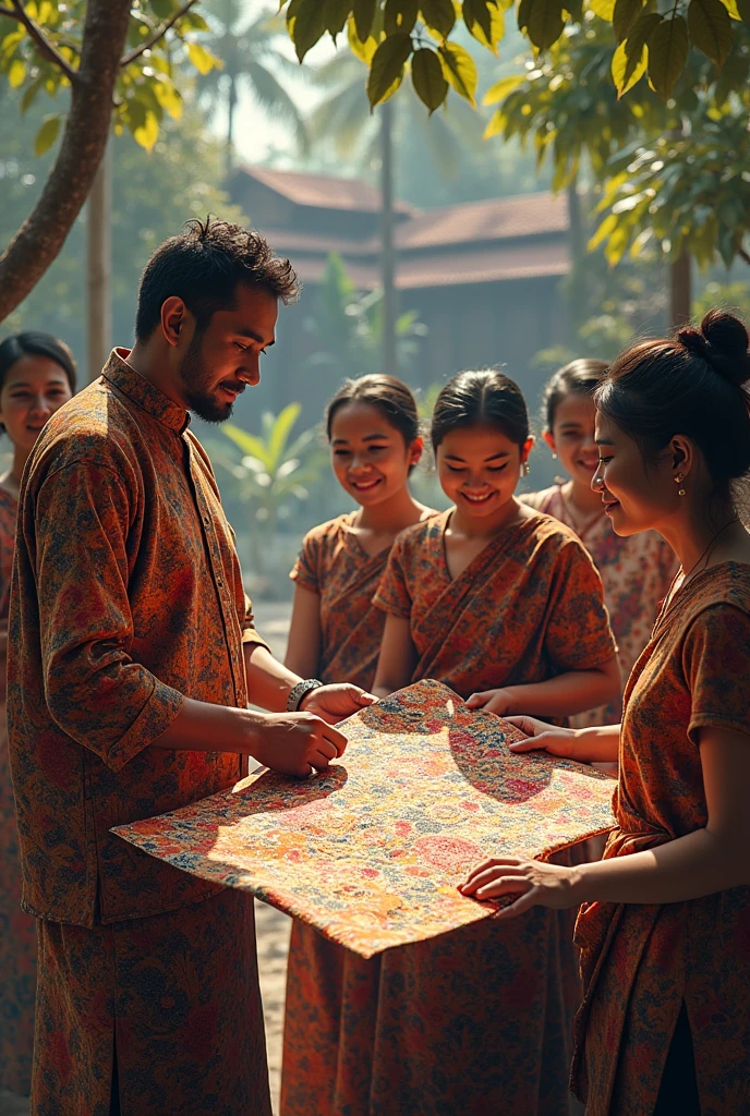 A man is sitting cross-legged with his friends wearing batik clothes and sees a woman wearing batik clothes with loose hair holding a microphone. 