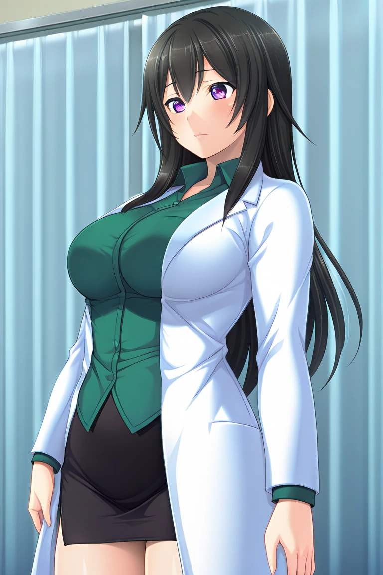 ((masterpiece)),((best quality)),ultra-detailed,illustration,1girl,solo,long hair,purple eyes,skirt,black hair,breasts,large breasts,pencil skirt,labcoat,smile,looking at viewer,green shirt,shirt,miniskirt,open mouth,hand on own head,black skirt,blush,long sleeves,arm up,collarbone,Beautiful body,Beautiful Nose,Beautiful character design,perfect eyes,perfect face,alluring,wallpaper,perfect lighting,Colorful,ultra highres,4K,photography,8K,HDR,highres,(groin),inoue orihime,(Beautiful, large breasts:1.2),(beautiful face:1.2),(narrow waist),(full body),shiny skin,nsfw,anime screencap,closed mouth,smile,,Health room,chair,table, <lora:Mihara Kaoru:0.7>