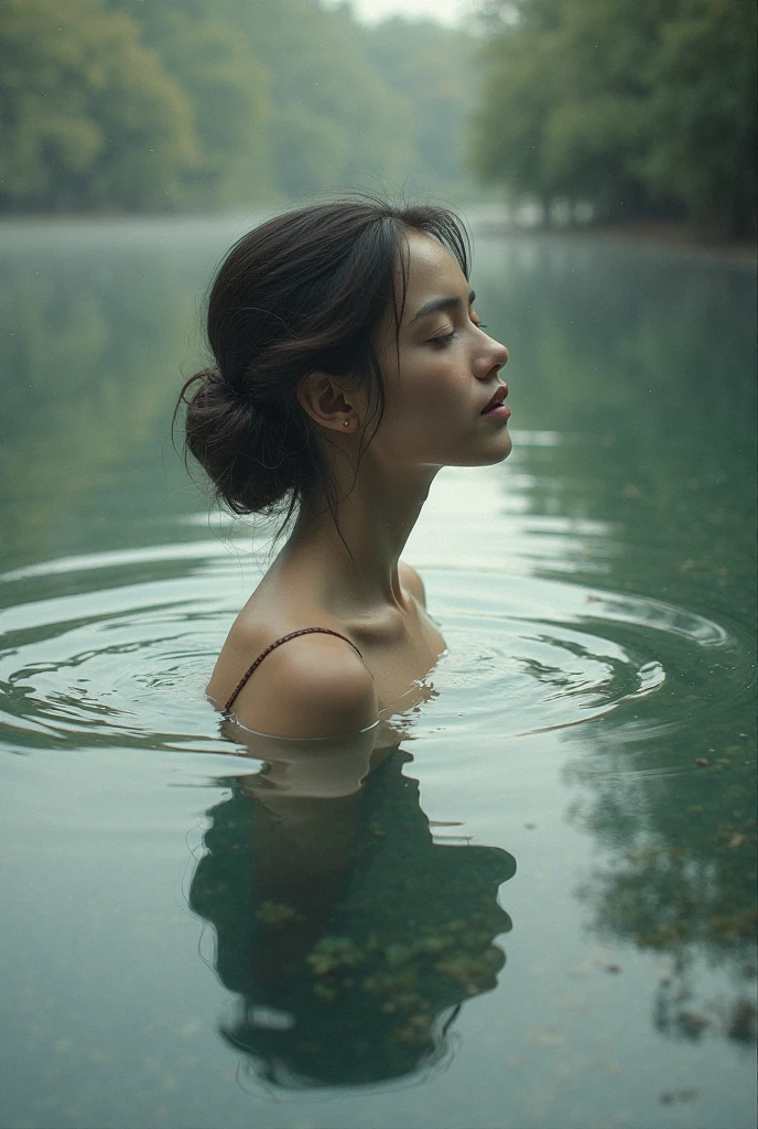 A beautiful woman with long dark hair wearing a wet white dress sits on the edge of a pool of water. The woman is looking up at the sky, her eyes closed and her face serene. The moon is full and bright, and its light is reflected on the water. The woman's skin is pale and smooth, and her hair is wet and dripping. The water is clear and still, and it reflects the woman's body perfectly. The image is peaceful and tranquil, and it captures the beauty of the woman and the natural world.

Art by Greg Rutkowski, Alphonse Mucha, and Artgerm.