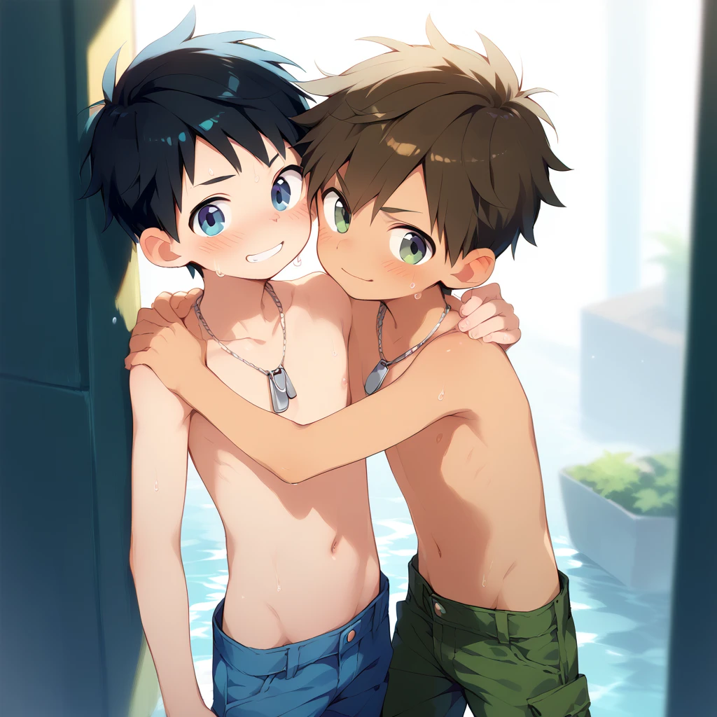 two thin cute boys 12 years old in very short transparent white swimming trunks without straps, shirtless, hugging,