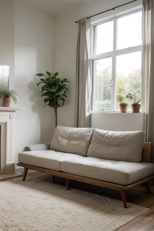 Based on the description, create a living room in a modern style in spring colors. White decorative brick on the wall. Wooden slats as a decoration. Corner sofa, table with chairs, living room furniture, decorations and flowers. Realistic photo, photorealism, minimalism