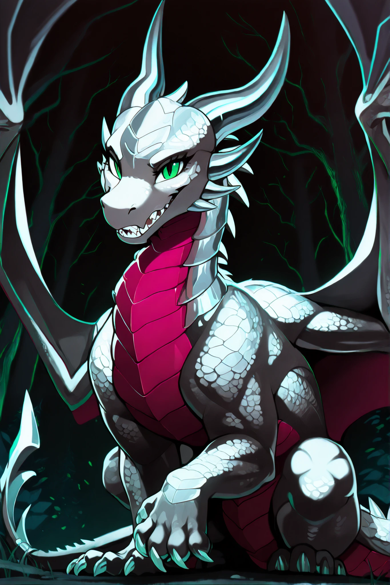 anime style, anime shading, clean lines, masterpiece, best quality, full body picture, centered, enderdragon, feral, dragon, female dragon, 1girl, long horns, wings, claws, tail, green eyes, perfect eyes, overlapping red chest scales, dark background, silver scales, silver horns, tall, sharp teeth, forest background