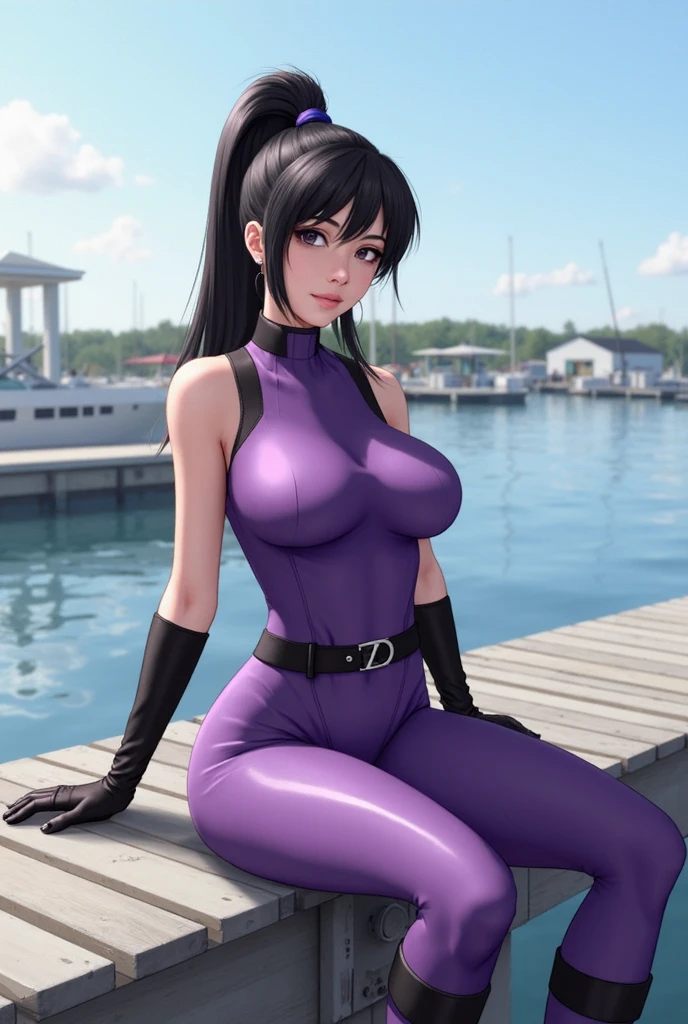 obra maestra, una mujer perfecta con una hermosa figura, arboles de cerezo, cabello muy largo ponytail, ponytail, multicolored hair negro y morado, cabello negro y morado, cabello extremadamente largo, long hair, disparo de cuerpo completo, (cuerpo completo:1.2). detalles de la textura de la cara y la piel bellamente presentados, bodysuit, (ropa sin fugas muy ajustada), ojos detallados, realista, pechos gigantescos:1.4, (pechos gigantescos:1.2), Gargantilla, (dedo del pie de camello, Cameltoe, en forma de, V-String bragas: 1.4, hermosas piernas, dia soleado, dia muy caluroso, sol de frente, ropa sin fugas muy ajustada, ropa ajustada