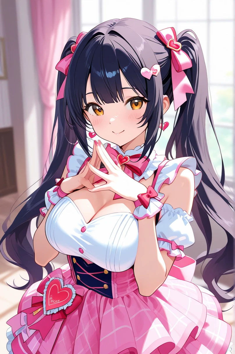 dark hair color, pink eyes,sexy woman, cat ears, hearts, floating hearts, face only, long hair, smiling, hair ornament, up close face, closed mouth smile, up closeface, hair bows, sexy body, pink outfits