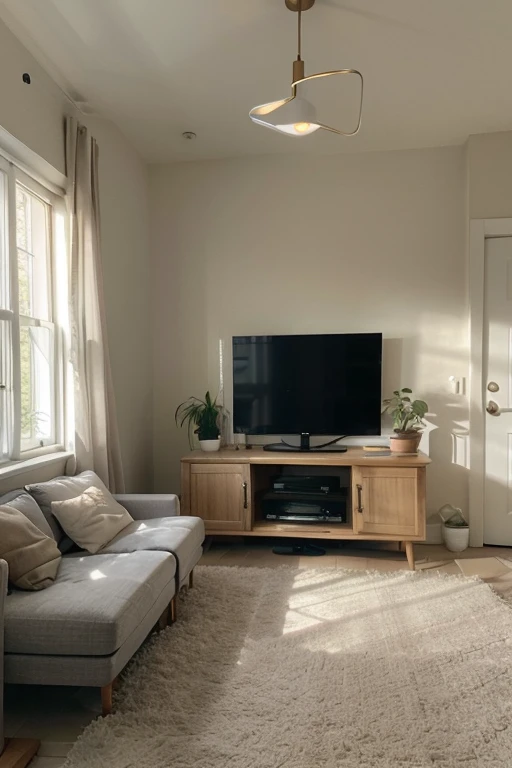 wabisabi livingroom interior, sofa, armchair, table, rug, wood floor, drapes, window, blind, white flat ceiling, stucco wall,natural light, softlight, (flat white ceiling),((masterpiece)), realistic, high quality, sunray,