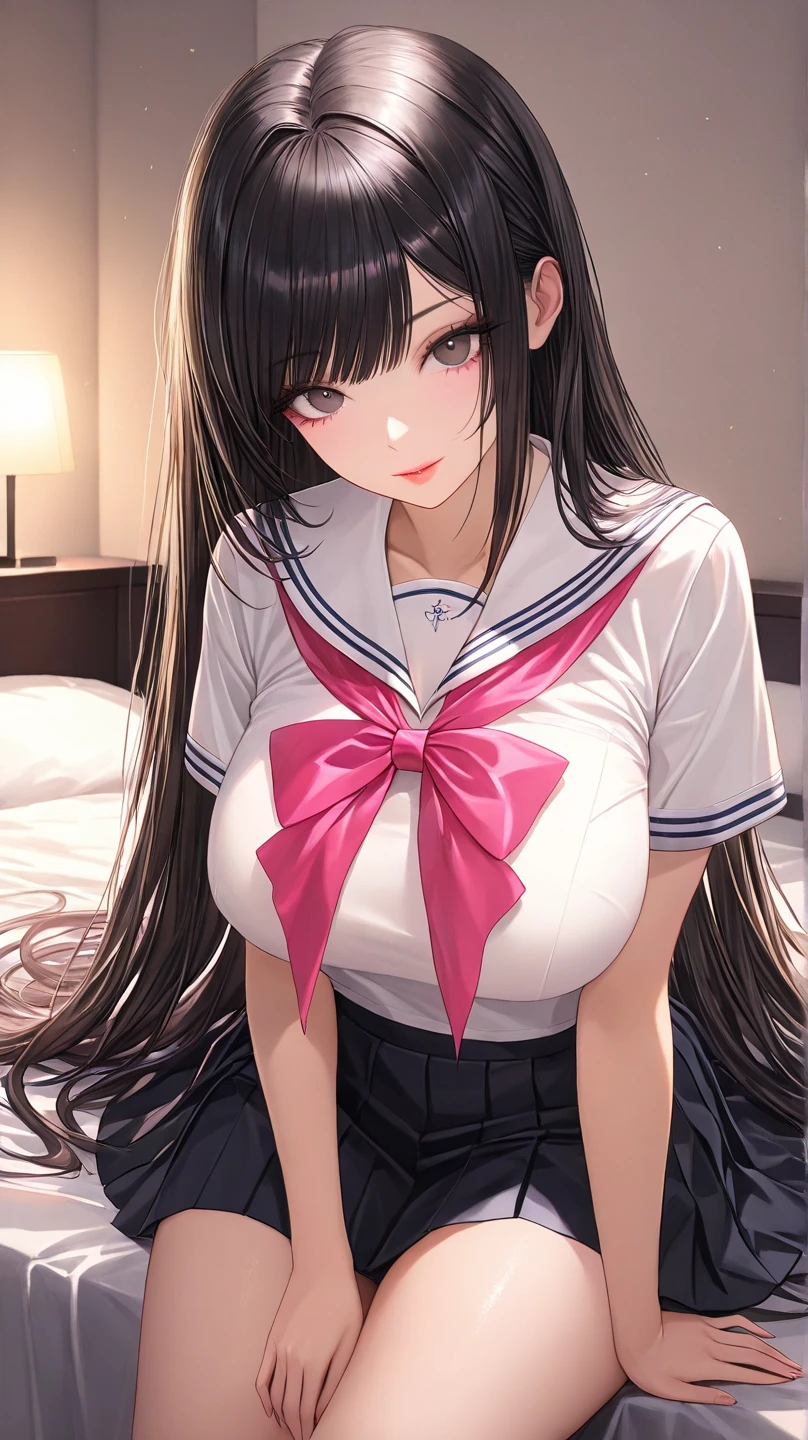 Beautiful illustration、top-quality、beautiful teenage girl、Bedroom、black color hair、long whitr hair、(((Pink pleated skirt)))、(((Pink sailor suit)))、short- sleeved、huge tit、Colossal tits、a navel、Turn up the skirt with your hands、showing white panties、Pull up the skirt,The reveal panties、Bare legged、eBlue eyes、on top of the bed、Lovely thighs、glowing thigh