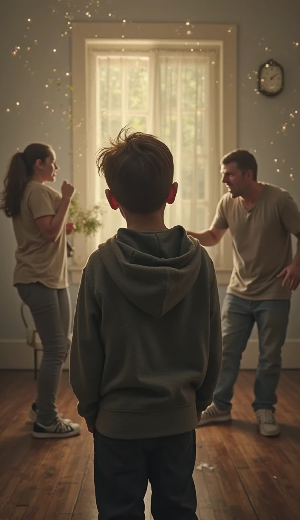 Creates an image of a father assaulting a mother and being watched by his two heartbroken children