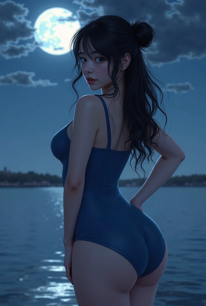 8k, masterpiece, RAW Photos, highest quality, Realistic, Very detailed, Depth of written boundary, Cinematic Light, Anatomically correct body, 
One beautiful 40 year old woman, Very beautiful face, Exquisitely detailed face, (A calm and gentle face:1.4), Very delicate skin texture, Transparent muscle, Shiny white skin, Glamorous Body, 
(Wavy black long hair:1.2), (Sexy Breasts:1.1), (Sexy ass:1.1), 
(White high leg swimsuit:1.2), (Detailed cloth texture:1.2), (Gorgeous necklace:1.1), (Gorgeous earrings:1.1), 
(Dark starry background:1.4), (Milky Way:1.1), (milky way:1.1), (shooting star:1.1), (Dark coastline at night:1.4), (Pitch black sea surface:1.4), 
(Standing on the beach:1.2), 
(Cowboy Shot:1.2), 