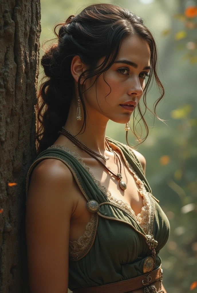 cinematic portrait of a ethereal female figure,detailed facial features,captivating gaze,flowing ethereal dress,dramatic lighting,fantasy scenery,lush garden background,magical atmosphere,intricate detail,vibrant colors,highly detailed,masterpiece,8k,photorealistic,cinematic lighting,dramatic shadows,moody tones