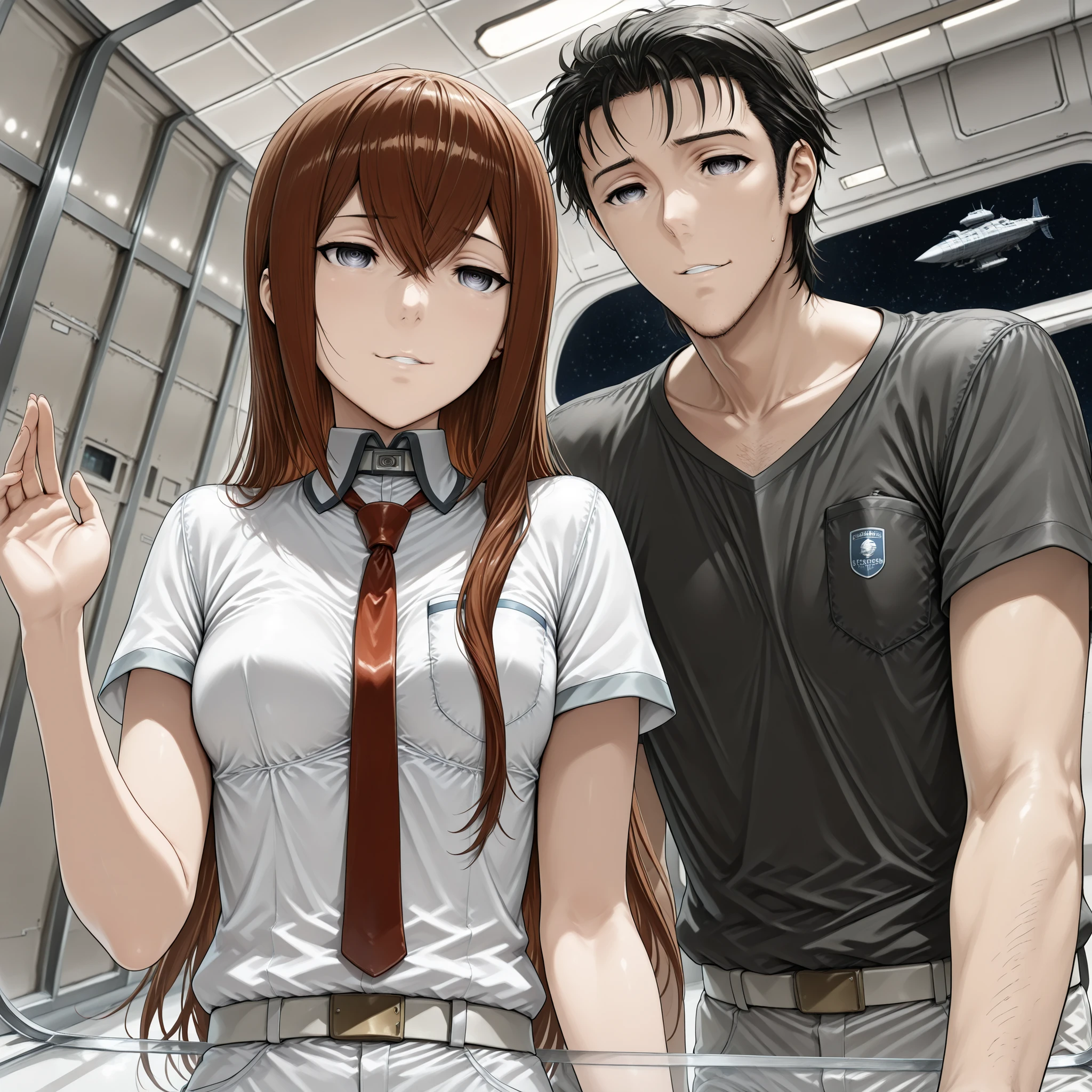 ((Best Quality)),( super high definition),(Super detailed),( detailed description ),((The best CG)),(masterpiece),(1boy and 1girl,1boy is a Okabe rintaro,1girl is a Makise Kurisu,the girl is no jacket ),(2人は科学者, Apollo spacecraft development:1.3),(background is the space, Glass Room)