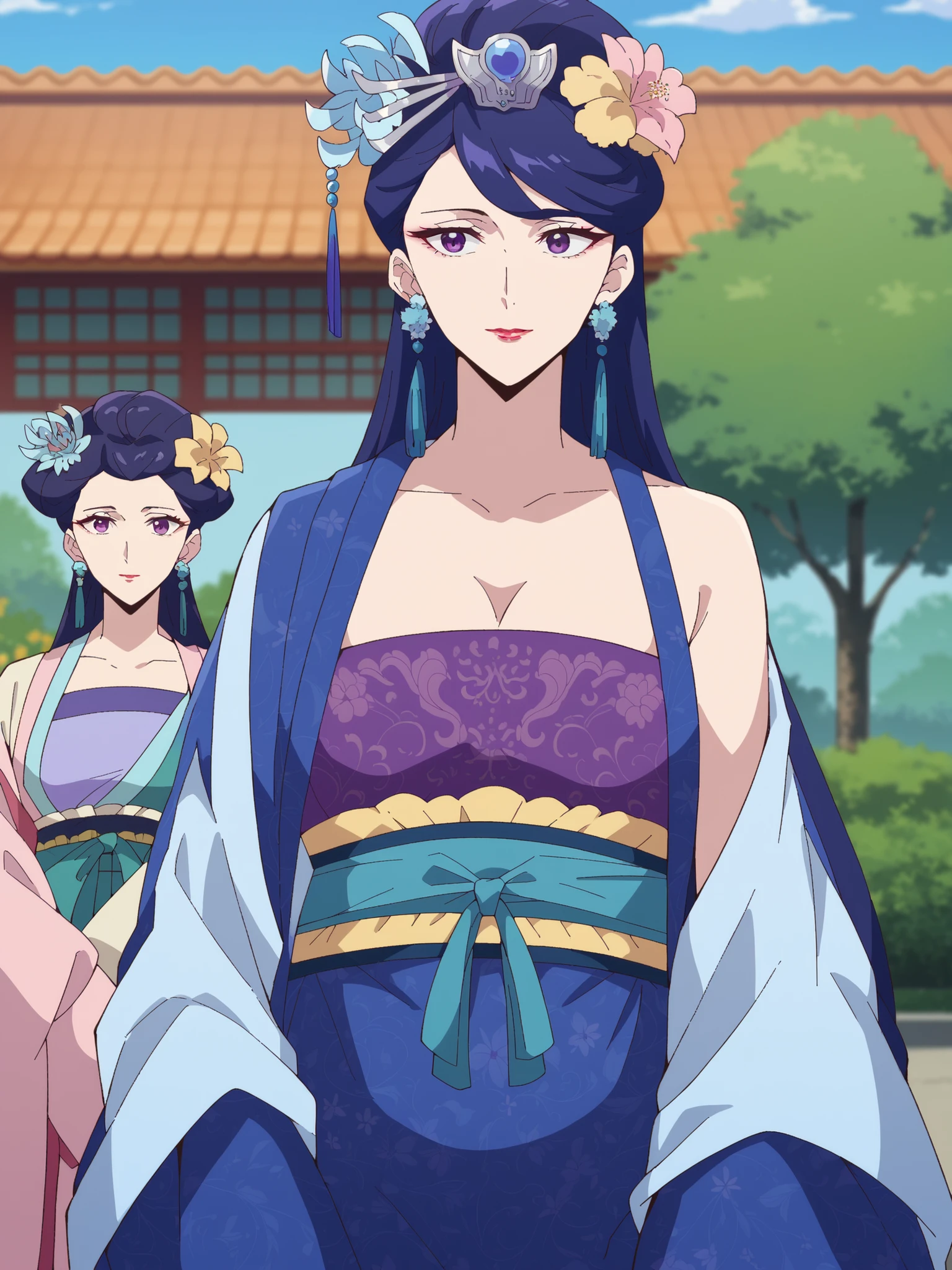top quality, masterpiece,staring at viewers,sleeveless top with p,Pregnant women,Pear Blossom,Every Single Person at the Drugstore,long hair, purple eyes, purple hair, flower, earrings, hair flower, makeover, lipstick,Chest, Jewelry, Chinese clothing, Hanfu,Outdoors, garden, bend your back, smile,viewers on my mom, Dutch angle, cowboy shot