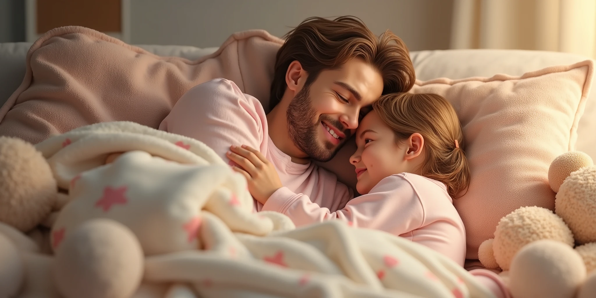 Photo - daughter and dad in identical pajamas - lying on the bed covered with blankets and soft toys around - realism, 8k?, photorealism - ! Europeans ! real photo - !!dad and daughter are blondes!!