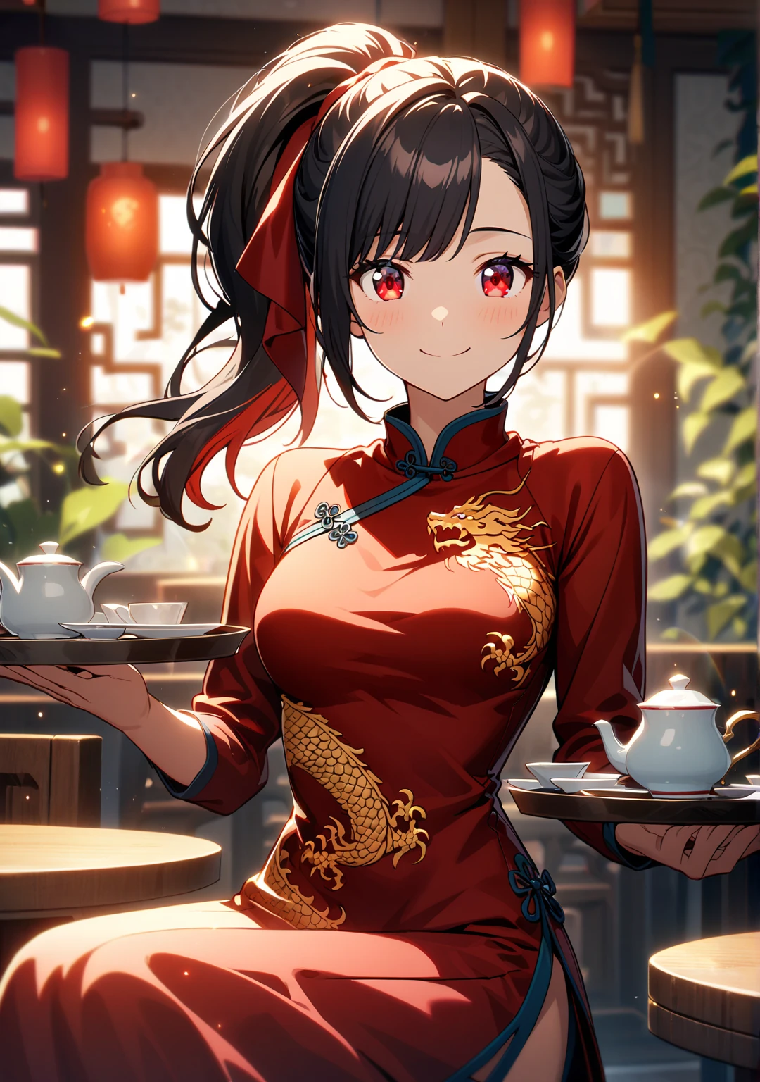 small girl, black hair in two buns, Brown eyes, Chinese dress, tea, symbiote, Smile, Masterpiece, hiquality