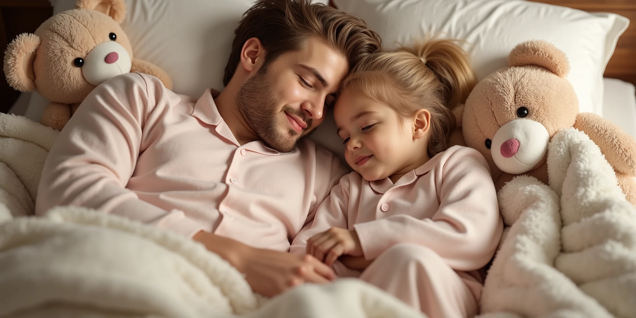 Photo - daughter and dad in identical pajamas - lying on the bed covered with blankets and soft toys around - realism, 8k?, photorealism - ! Europeans ! real photo - !!dad and daughter are blondes!!