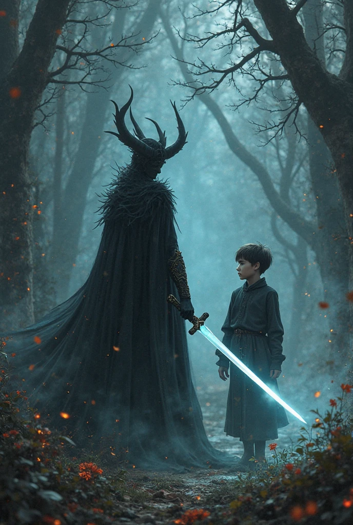 in 2d digital style art, a beautiful red skinned male elf with two elegant horns on his head. he is walking calmly towards a young boy. the young boy is scared and running away from him. the setting is a dark and misty graveyard. dungeons and dragons inspired artwork