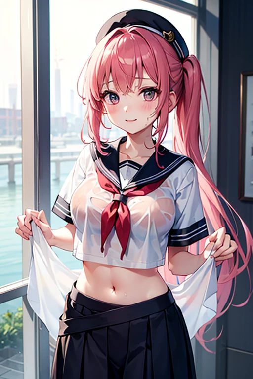 (highest quality), Super detailed), (Ultra High Resolution 8K), High-definition facial beauty, ((Skirt Lift)), Cute smiling girl, (Big Breasts), Detailed sailor suit, Showing off her red see-through panties , (Blushing, Embarrassing), Very hot day, Shade, ((Seduce)), Wet see-through panties