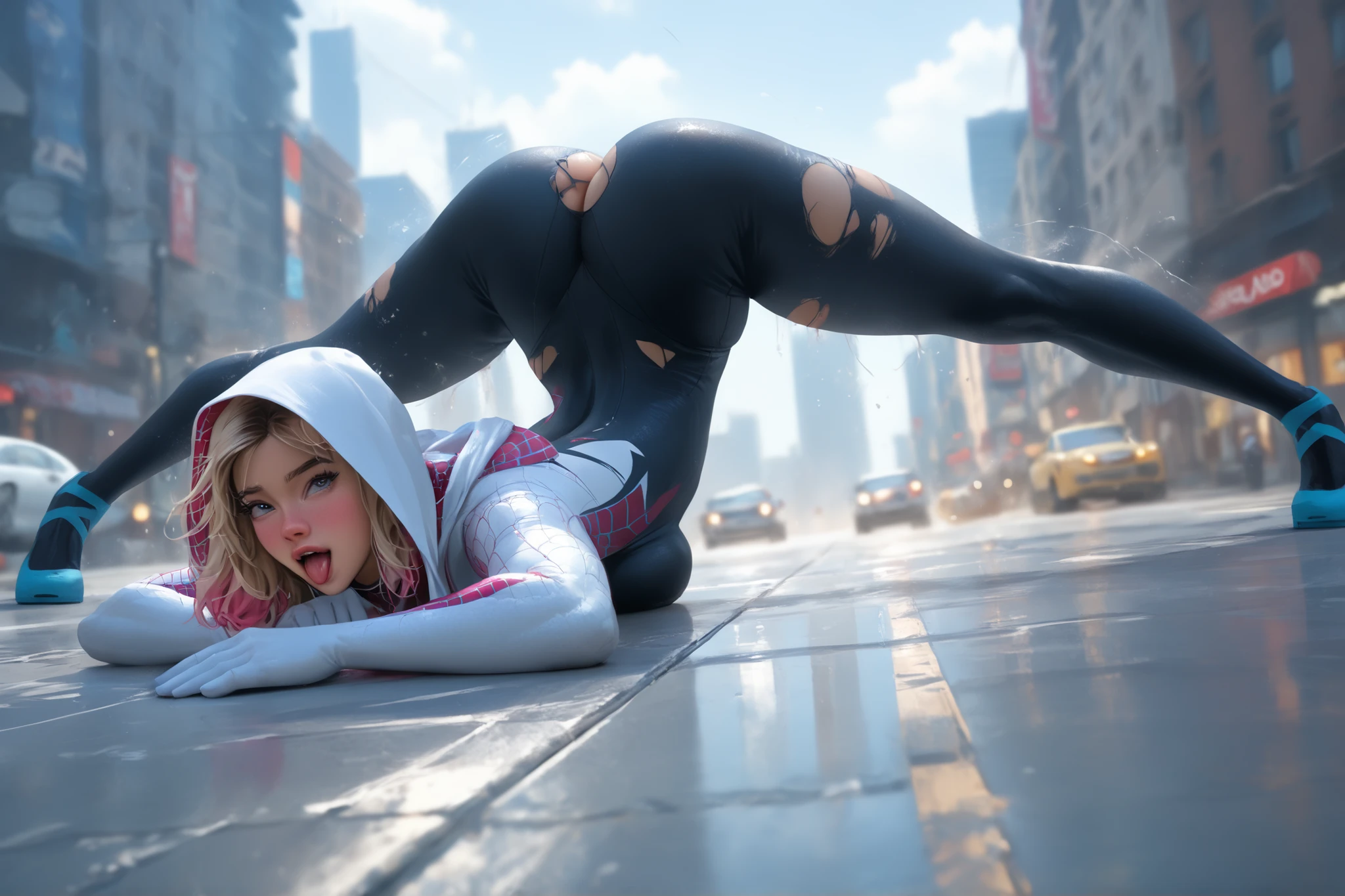 Spider-gwen swinging on web, swinging Jack-o-pose, jack o pose, beautiful face, ahegao face, baby face, Spider Gwen, big breasts, overload breasts, gigantic size breasts,  best quality, amazing quality, wearing spider gwen ripped suit and white ripped yoga pants, tight and thin leggings, big round buttocks, spread legs, raise legs, thick legs, showing her butts, open legs, wet cameltoe protrusion, thick cameltoe , squirting, on cameltoe, spinning Jack-o-pose, swinging jack o pose, on skyschper,  (Down front shooting angle), flying on sir with web, on top in the city, city light background, tucking in at night,