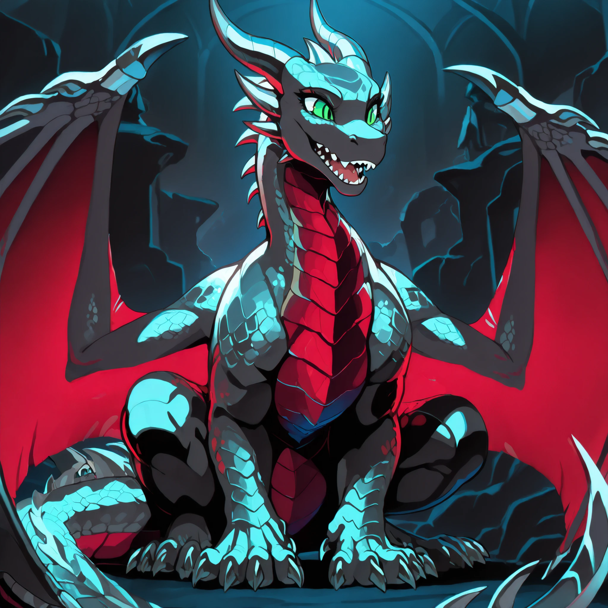 anime style, anime shading, clean lines, masterpiece, best quality, full body picture, centered, enderdragon, feral, dragon, female dragon, 1girl, long horns, wings, claws, tail, green eyes, perfect eyes, overlapping red chest scales, in a dark bedroom, dark silver scales, silver horns, tall, sharp teeth,