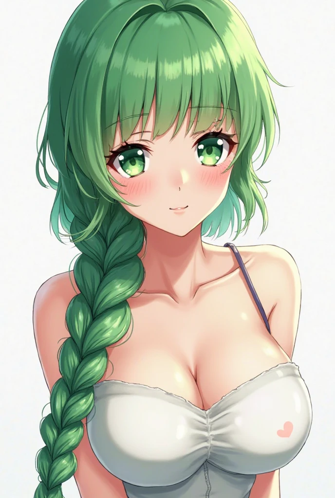masterpiece, Best Quality,top-quality,{{{1人}}},独奏,{{{Sanae Dongfeng Valley/kochiya sanae}}},{{{frog hair ornament}}},light green hair,Long Wave Hair,hair tubes,Green eyes(Eyes of Hearts),red blush,{{Big breasts}}、Bedroom background、Only the upper body is visible、A slender、fullnude、Courtship action、Face during estrus、Beautiful breasts、a closeup