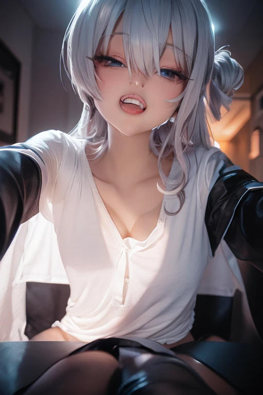 high quality, detailed,a girl with white water drops on her face.she is taking a shower,lots of white water droplets.(at night:2.0),green eyes.she is 13 years old japanese bitch gal,prostitute,she has a mole under her eye,(smallest breasts),(wearing long sleeve white oversized t-shirt dress,off shoulder,(very very wet thin fabric shirt)),blunt bangs,((bob hair,very wet hair and wet face,shiny face)),((wearing overknee socks)),slender,face up,nipples,temptation,orgasm,tounge out