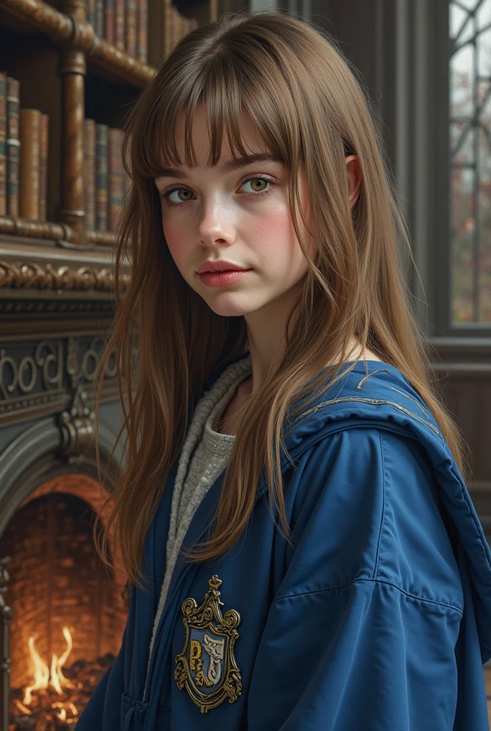 Create a hyper-realistic full body picture of a young teen 12 year old, very small breast, with wavy brown hair, wearing round glasses and a white pantyhose without underwear. The woman has a fair complexion with subtle freckles, and her hair is partially tied back with a delicate headband. She is looking with a calm, she is seating while spreading legs towards camera, very childish and skinny, showing her pussy. The background features a richly decorated library with wooden bookshelves filled with books, some with gilded spines, and a warm, ambient light. There is also a brass lamp with intricate details on the desk beside her. The overall atmosphere should be cozy and intellectual, with a focus on capturing the fine details and textures in both the woman's appearance and the library setting.