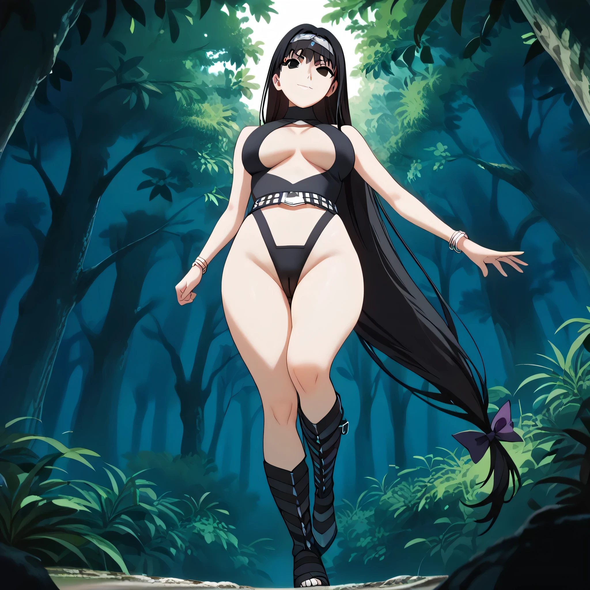 HimejimaAkeno, black hair, long hair, purple eyes, ponytail, red ribbon, ((arms behind head)), ((axilas)), ((mirando al espectador)), Enojado, boca cerrada, vertical, pies, (pechos enormes), escote, (pechos reventados), Very curvy body, bikini, rubor, mirada seductora, cameltoe(PuffyPussy), sudoroso, wet