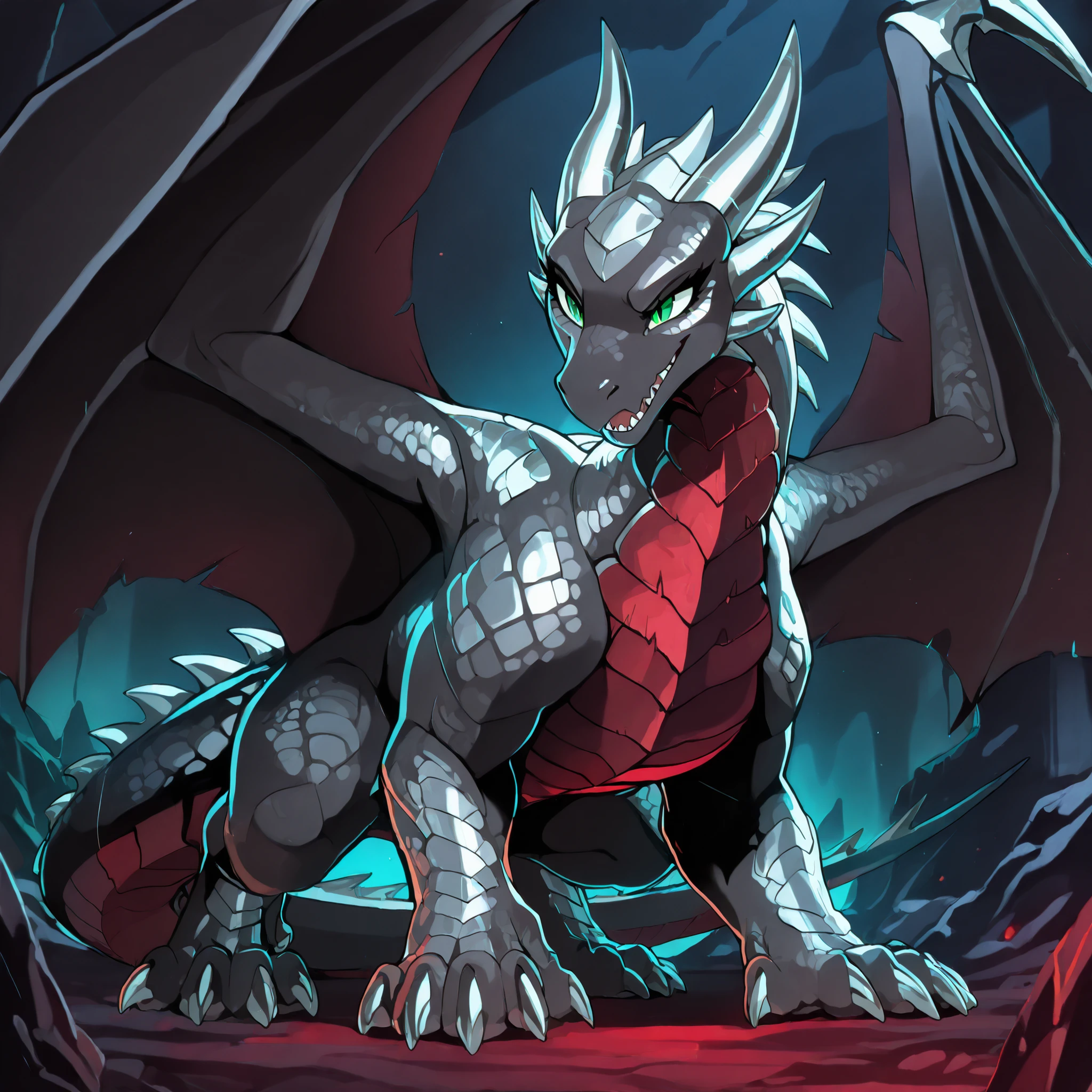 anime style, anime shading, clean lines, masterpiece, best quality, full body picture, centered, enderdragon, feral, dragon, female dragon, 1girl, long horns, wings, claws, tail, green eyes, perfect eyes, overlapping red chest scales, in a dark bedroom, dark silver scales, silver horns, tall, sharp teeth,